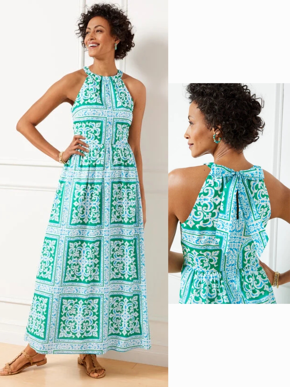 Talbots Dress Womens 8P Green Blue Halter Medallion Tiles Maxi Pockets Boho